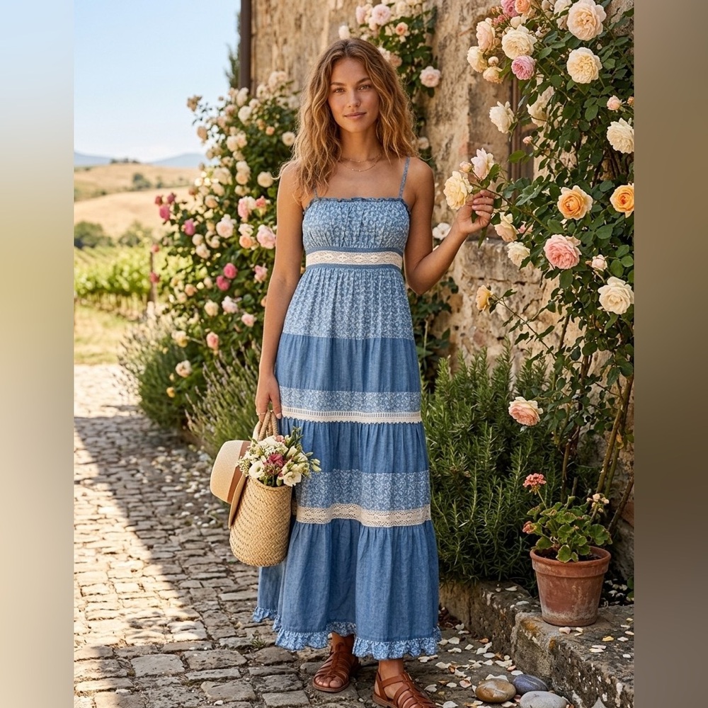 Liz Lisa blue denim floral tiered maxi dress lace trim fairycore cottagecore S